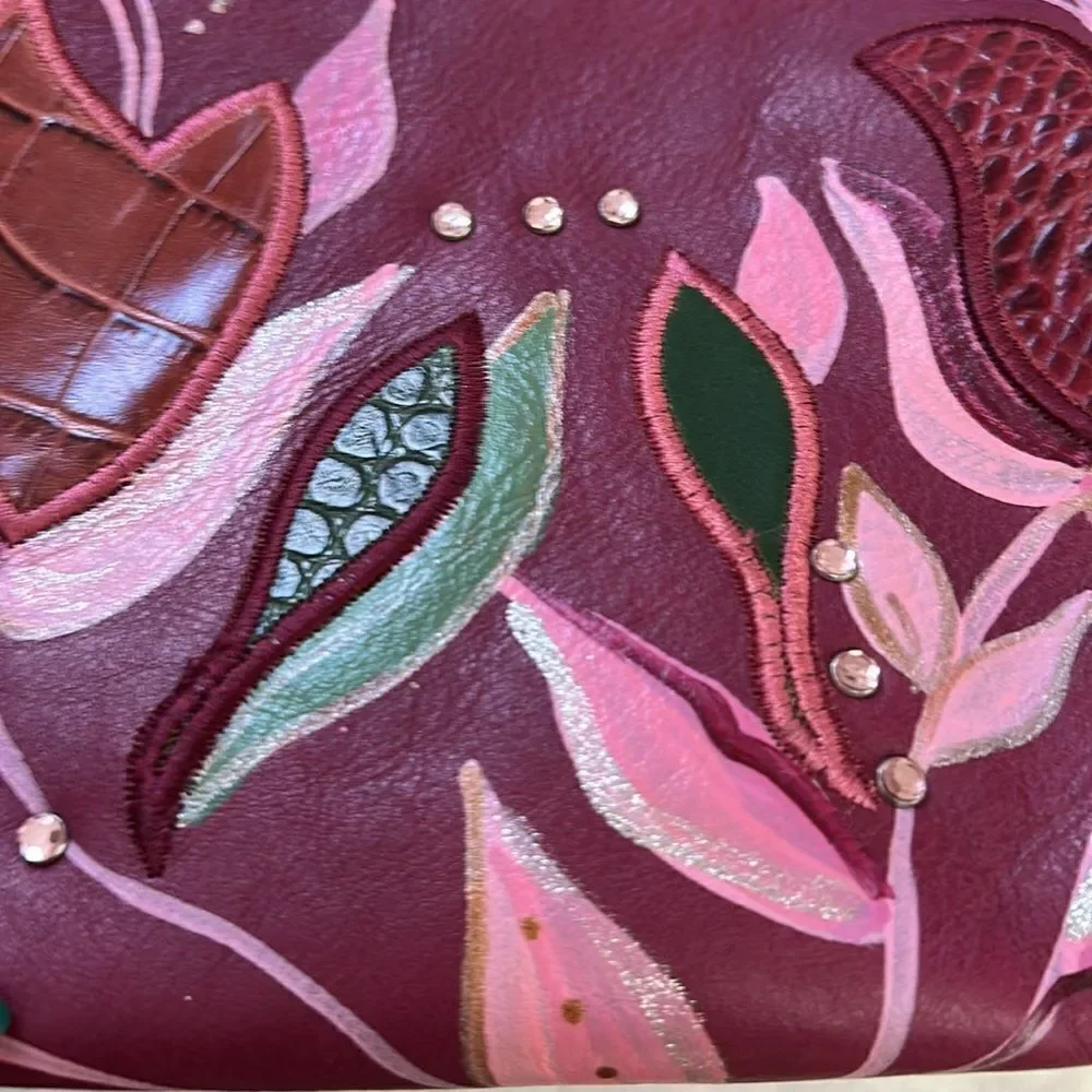 Gianfranco Sisti Floral Embellished Italian Leather Bag Purse Pocketbook